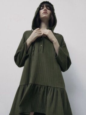 Zara Olive Hooded Ruffle-Hem Dress